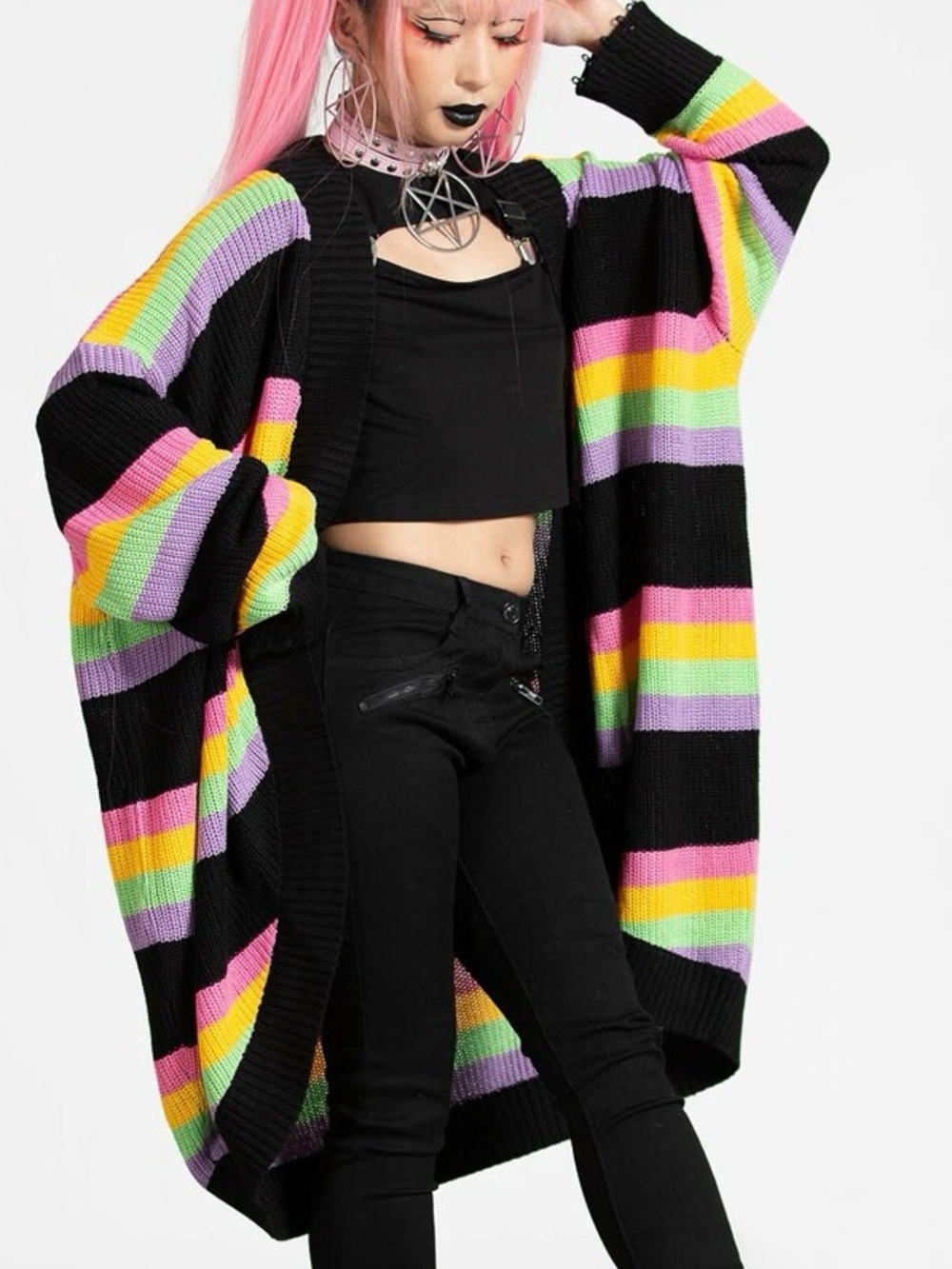 Unisex oversized sweater cardigan KILLSTAR Rainbow Knit stripe distressed